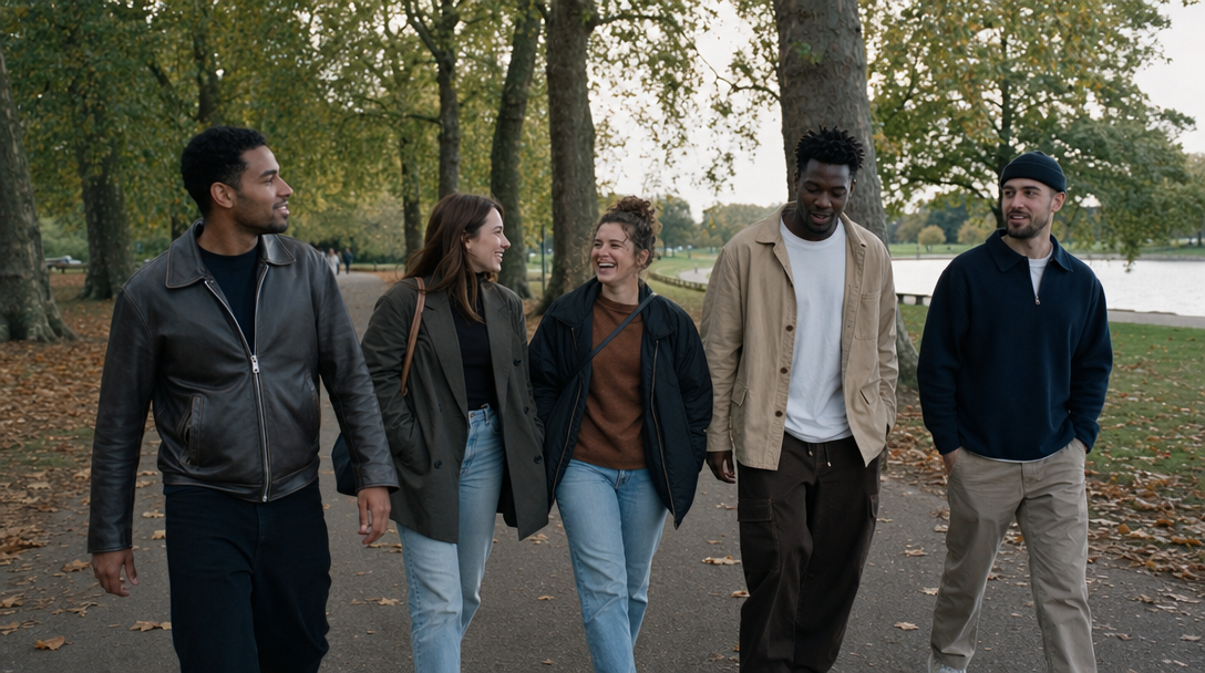 Friends walking through London