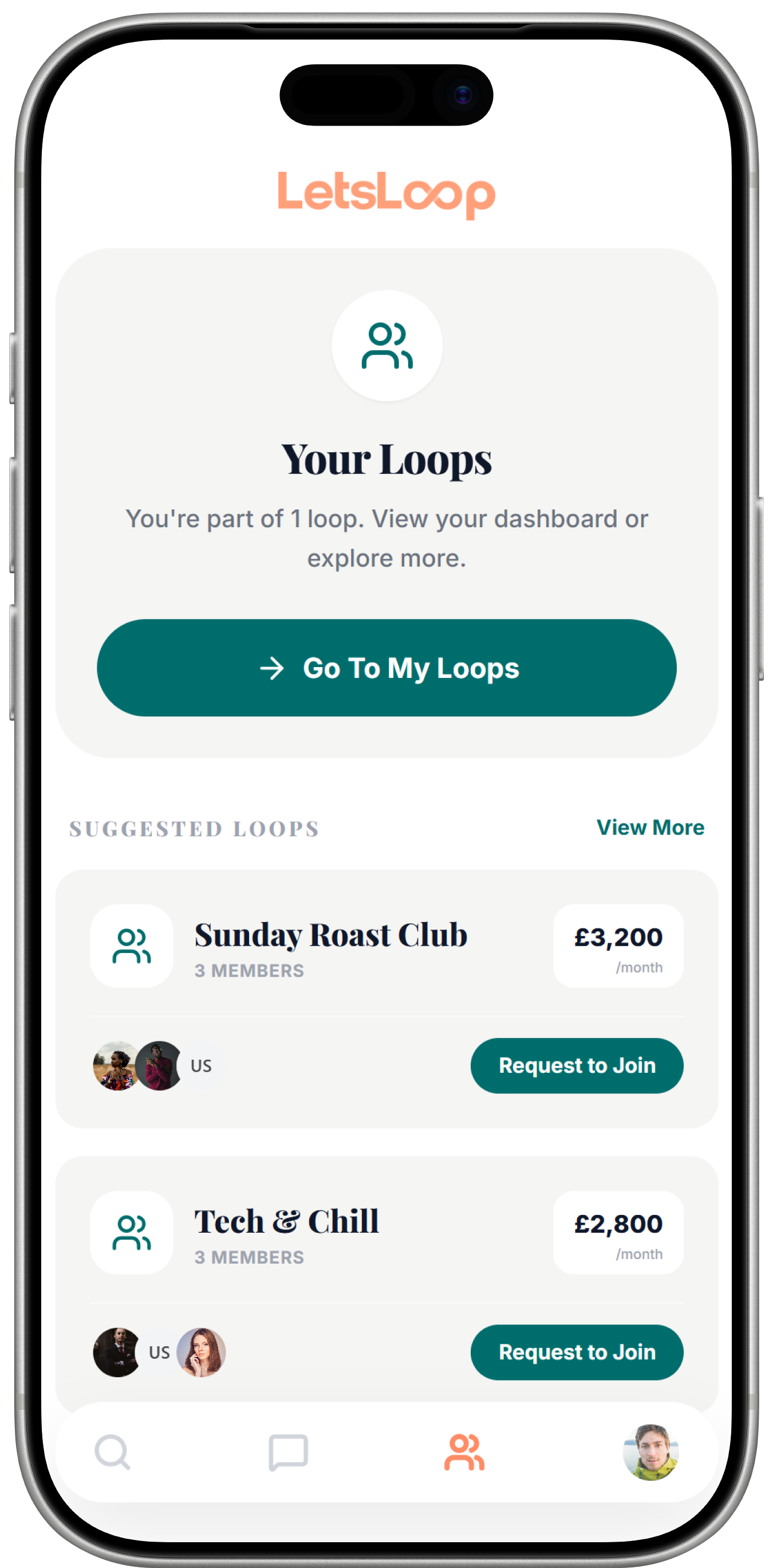 The LetsLoop app showing loops happening near you