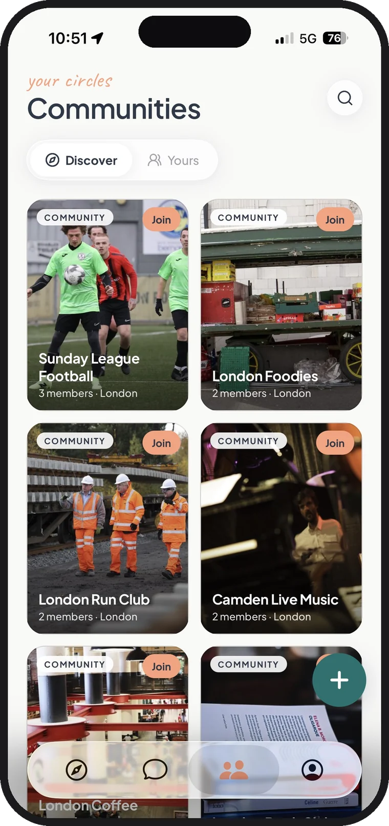 The LetsLoop app showing communities you can join in London