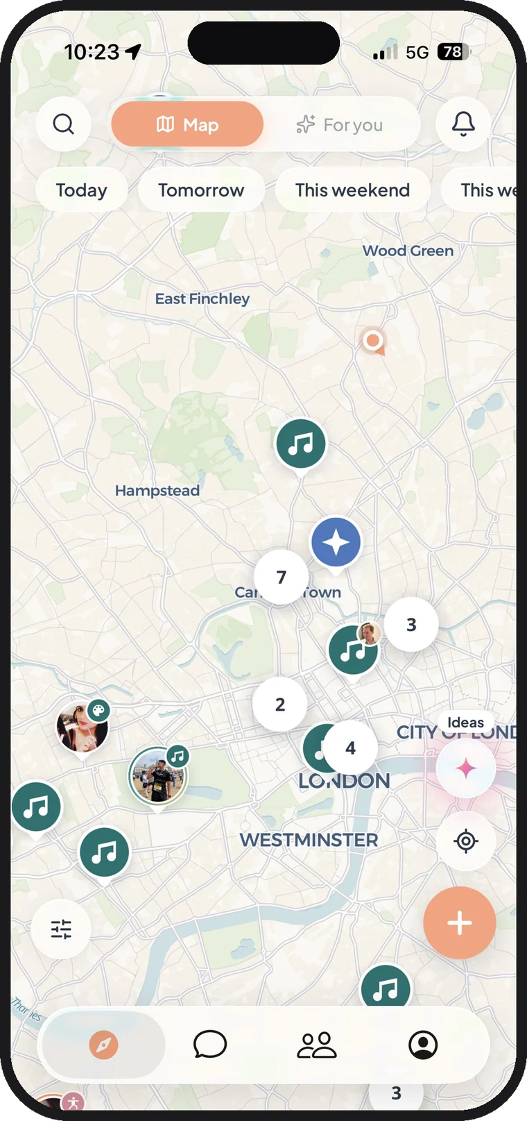 The LetsLoop app map showing loops happening near you across London